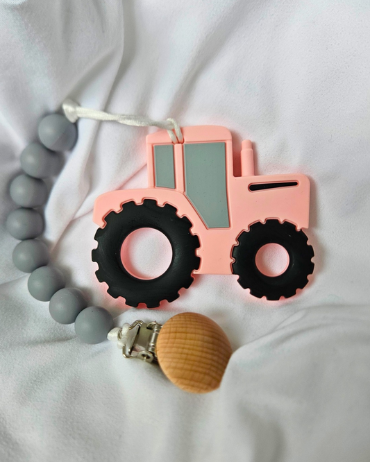 Pink Tractor Teething Pendant